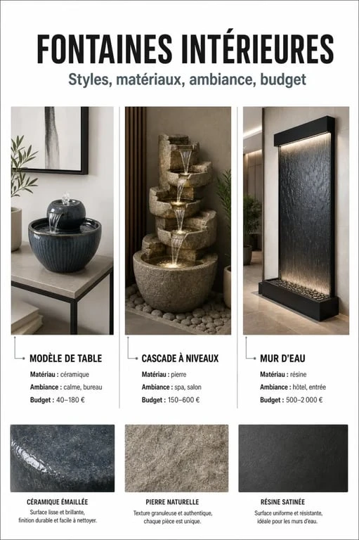 Comparatif de fontaine interieure : types, matériaux, ambiance et budget