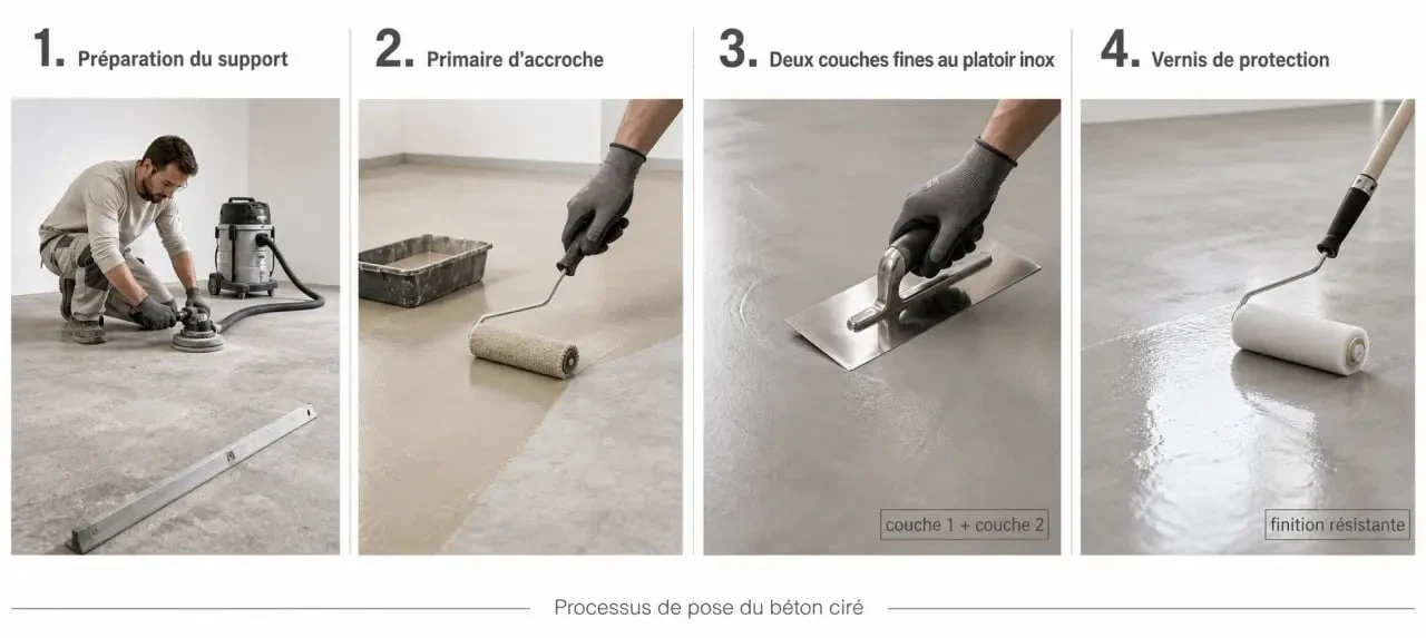 Comment faire beton ciré : séquence visuelle des étapes de préparation, application et protection finale