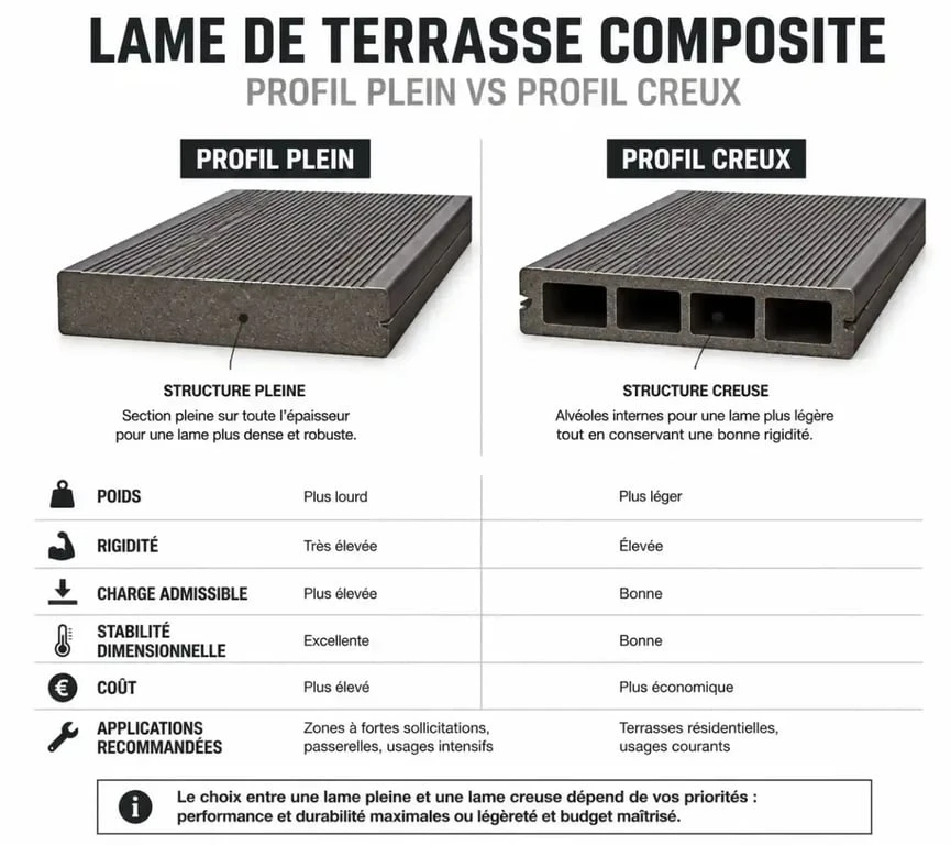 Comparaison technique entre lames de terrasse composite à profil plein et creux