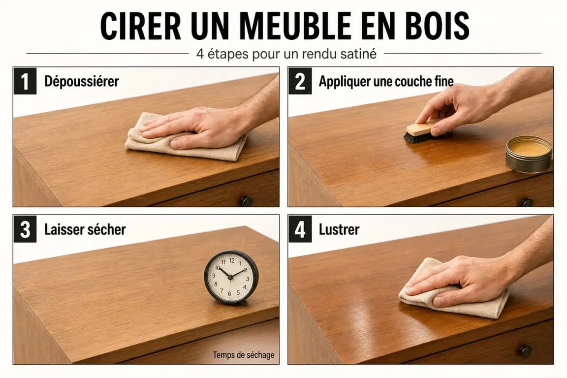 Cire meuble en bois : étapes d’application sur un buffet en bois avec dépoussiérage, pose fine, séchage et lustrage