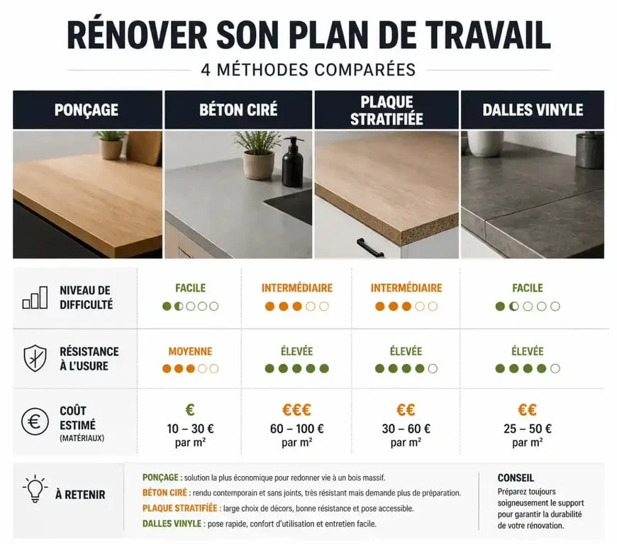 Comparatif des méthodes de rénovation pour plan de travail de cuisine