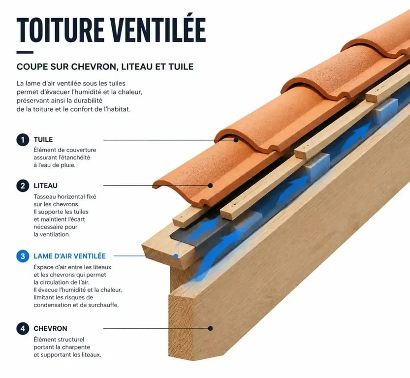 Schéma de pose d'un liteau pour toiture sur chevron avec tuiles