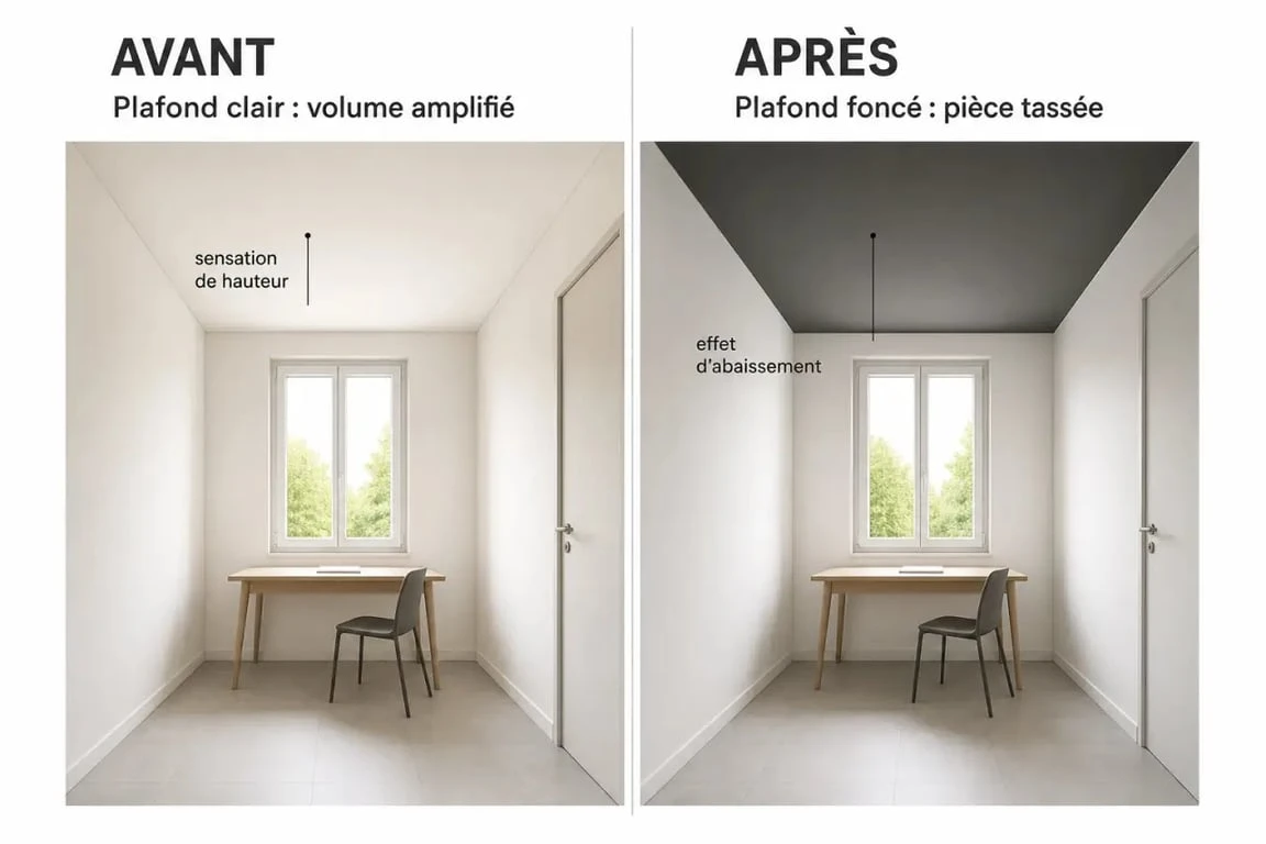 Couleur plafond pour agrandir piece : comparaison visuelle d’une petite pièce avec plafond blanc cassé et plafond foncé