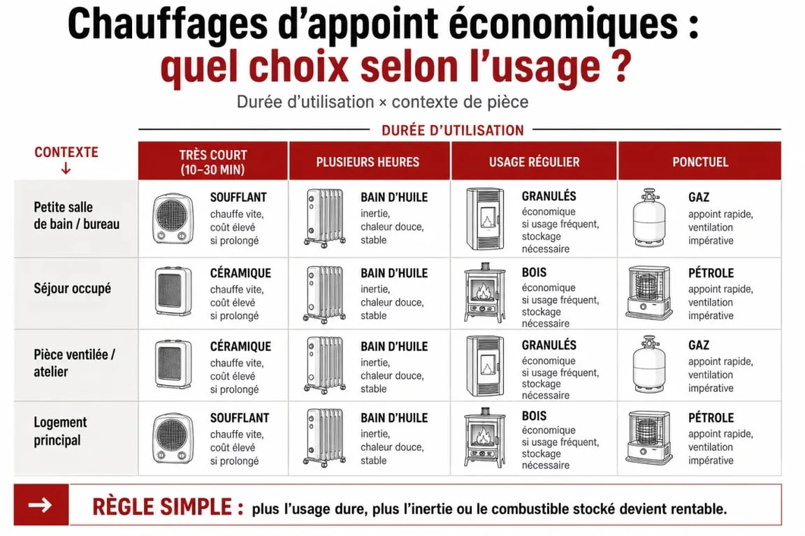 Infographie des chauffages d'appoint économiques selon l'usage et la pièce
