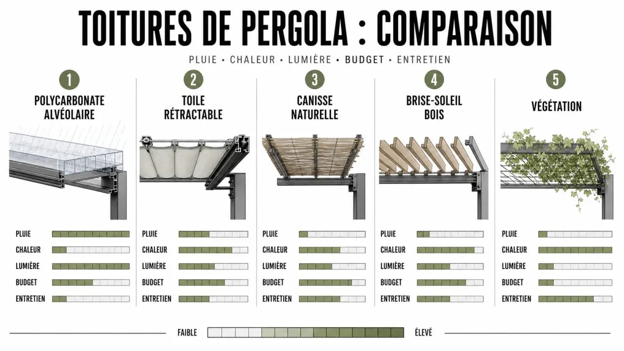 Comparatif de toiture pergola entre polycarbonate, toile rétractable, canisse, bois et végétation
