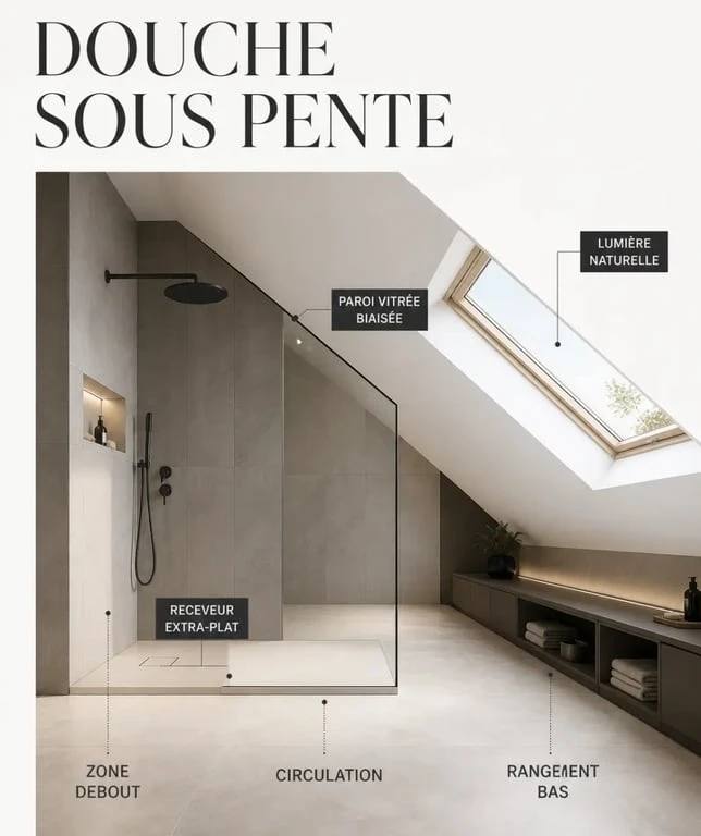 Douche sous pente de toit dans une salle de bains mansardée avec paroi vitrée et zones d’usage
