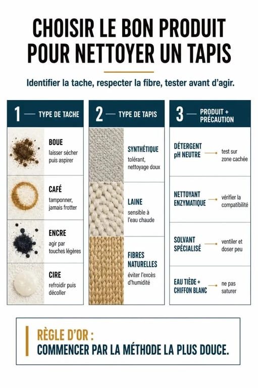 Produit pour nettoyer les tapis : infographie comparant les taches, les matières et les produits recommandés