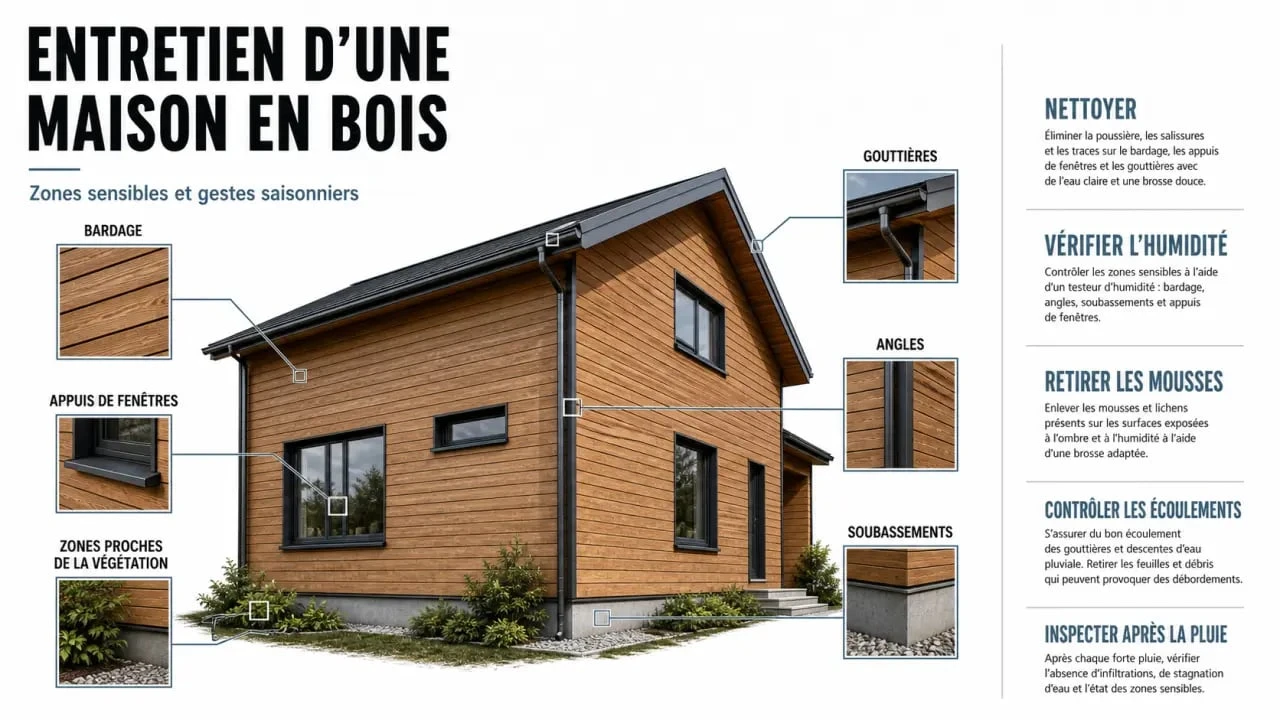 Maison en bois entretien : schéma éditorial des zones à surveiller et des gestes saisonniers