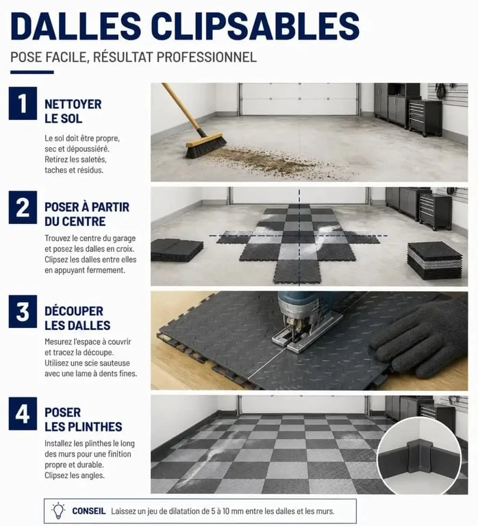 Étapes de pose d'un revêtement de sol pour garage en dalles clipsables
