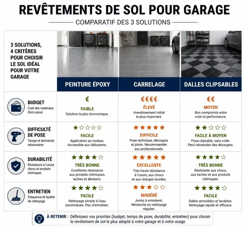 Tableau comparatif des revêtements de sol pour garage : peinture, carrelage et dalles clipsables