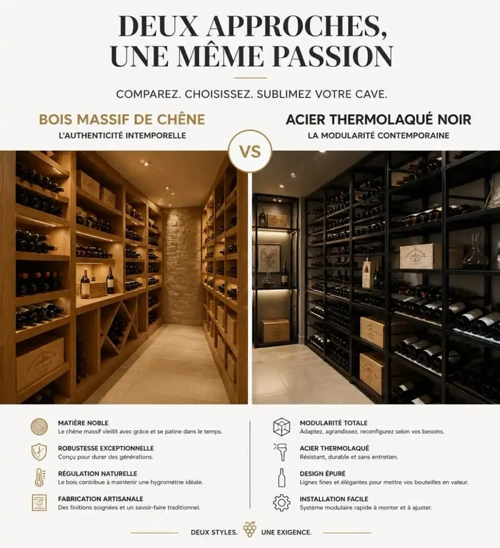 Comparaison de mobilier de cave à vin en bois massif et en acier thermolaqué