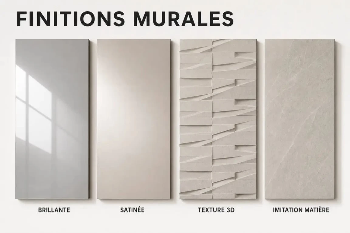 Comparatif de finition mural brillant, satiné, texturé et imitation matière