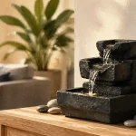 Fontaine interieure en pierre sombre dans un salon moderne, cascade douce