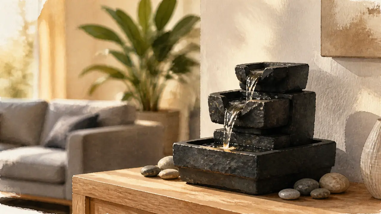 Fontaine interieure en pierre sombre dans un salon moderne, cascade douce