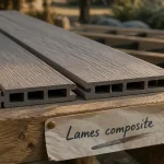 Lames de terrasse composite en coupe sur établi