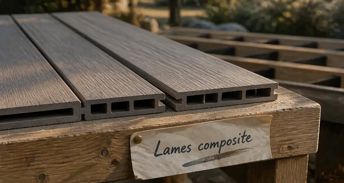 Lames de terrasse composite en coupe sur établi
