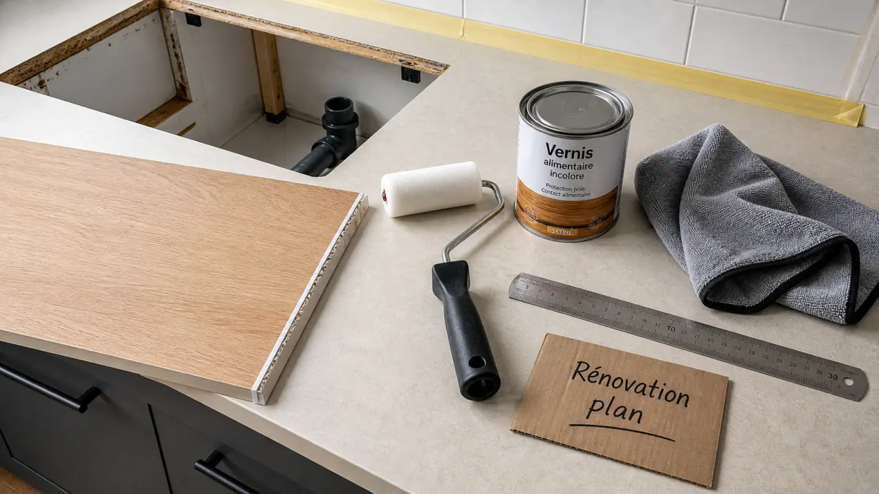 plan de travail renovation : stratifié découpé, chants ABS et vernis alimentaire