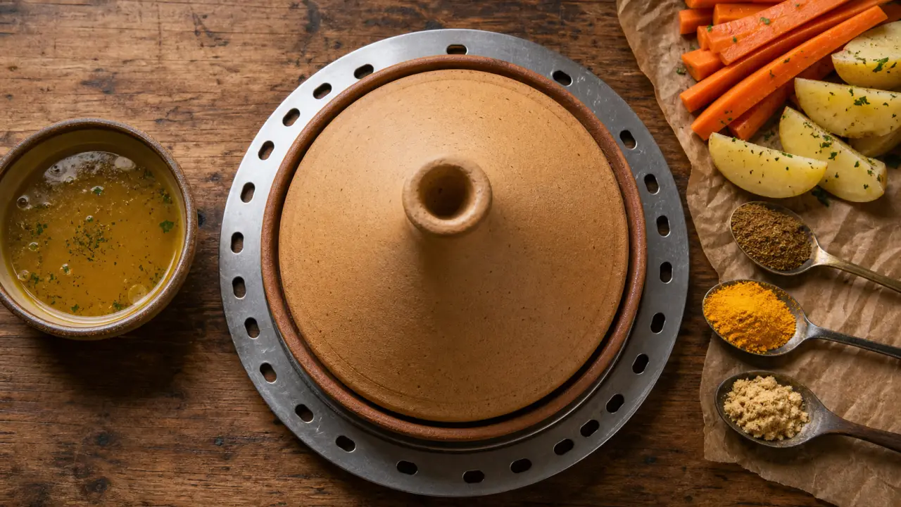 Plat tajine en terre cuite, couvercle conique et diffuseur, préparation des légumes