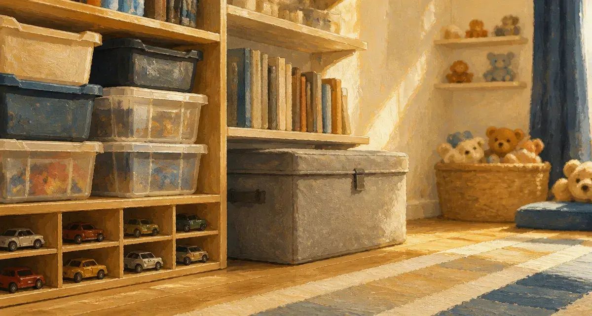Rangement jouets enfants dans une chambre ordonnée : bacs et coffre à jouets