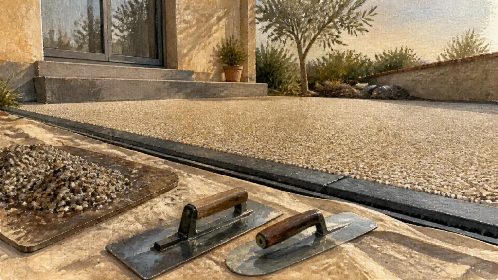Résine gravier pour terrasse : choisir le bon liant, viser 8 à 9 mm et éviter les erreurs de drainage