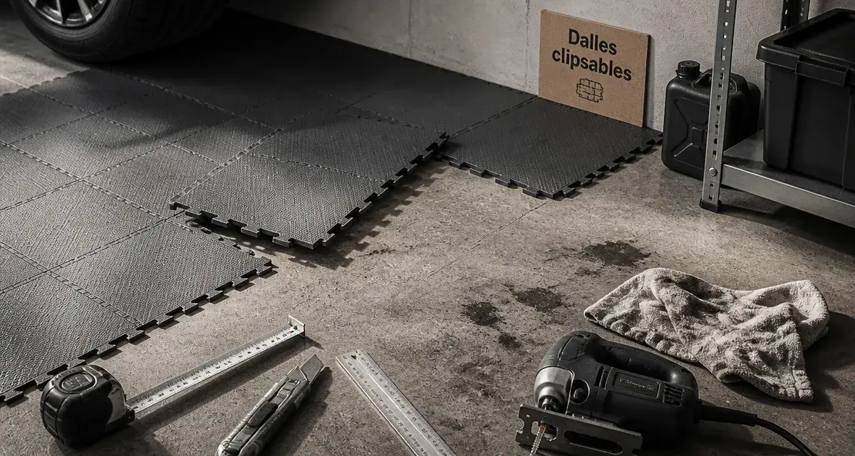 Revêtement sol pour garage avec dalles clipsables PVC anthracite sur sol béton