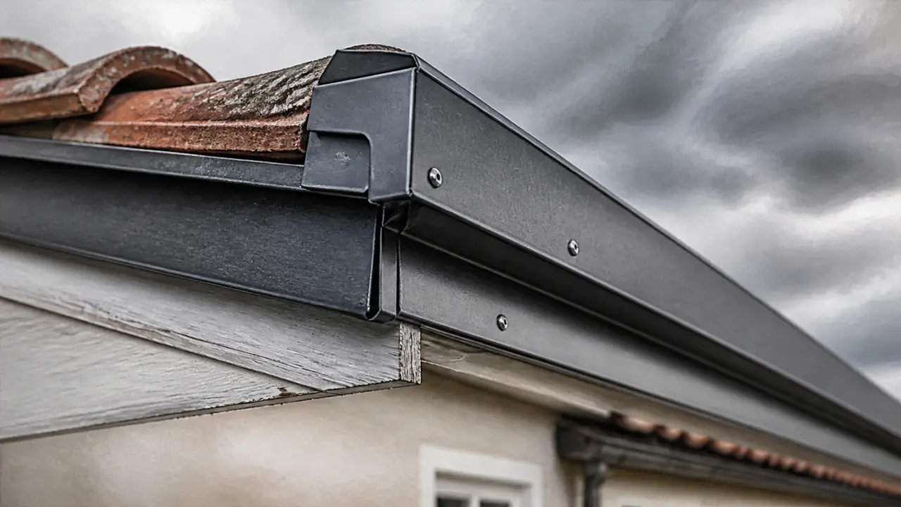 Rive de toit aluminium gris, recouvrement et joints pour bloquer l’eau