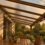 Toiture pergola en polycarbonate, pluie et chaleur, vue terrasse
