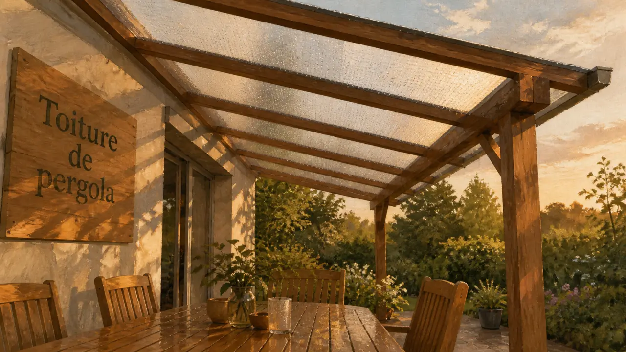 Toiture pergola en polycarbonate, pluie et chaleur, vue terrasse