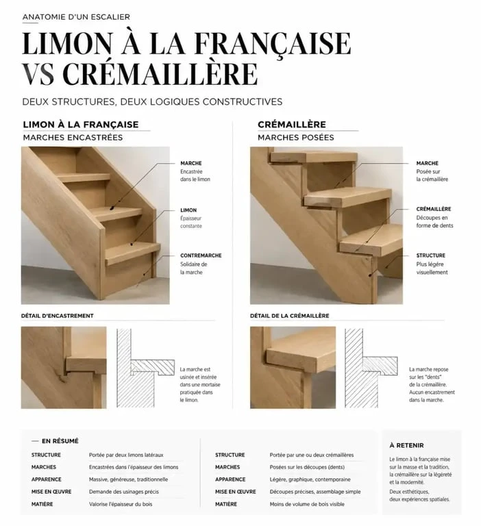 Différence entre limon à la française et structure à crémaillère pour escalier en bois