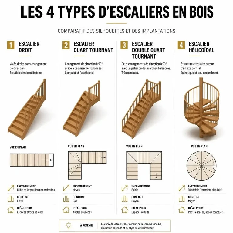 Comparatif des formes d'escaliers sur mesure en bois pour votre intérieur