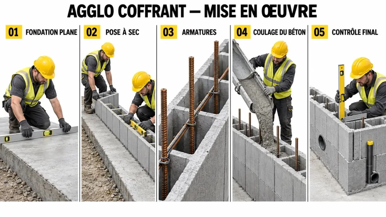 Étapes de pose d’un agglo coffrant avec ferraillage et coulage du béton