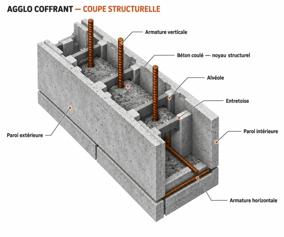 Schéma d’un agglo coffrant avec armatures et béton coulé dans les alvéoles