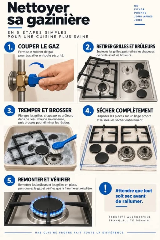 Nettoyer gazinière : étapes de démontage, lavage, séchage et remontage des brûleurs