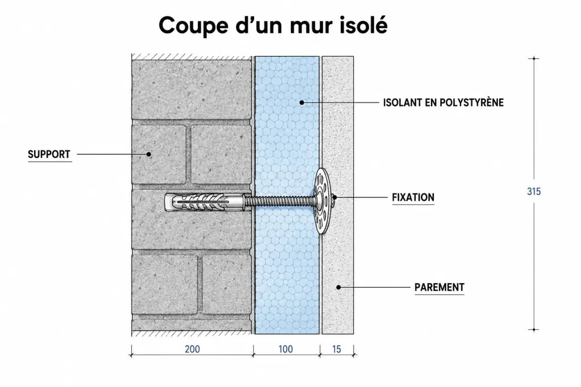 Schéma de pose d'une isolation en polystyrène par l'intérieur
