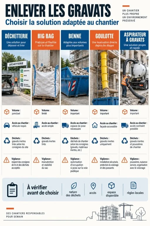 Infographie pour enlever les gravats selon le volume, l'accès et le type de déchets