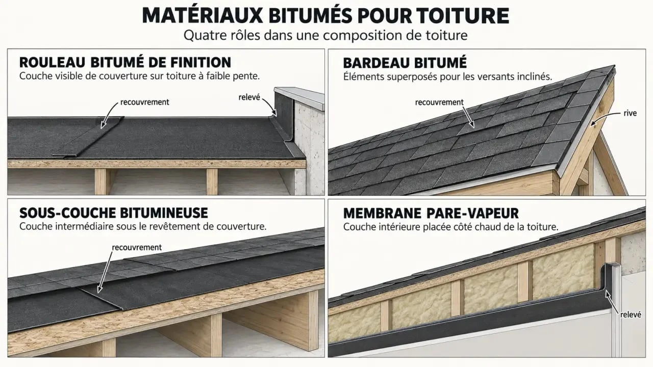 Infographie sur les rouleaux bitume pour toit, le bardeau bitumé, la sous-couche et le pare-vapeur