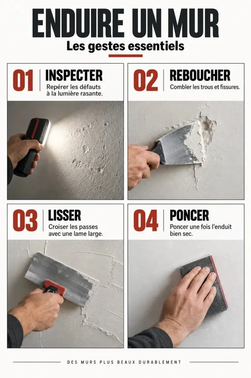 Étapes pour comment enduire un mur : préparer, reboucher, lisser et poncer