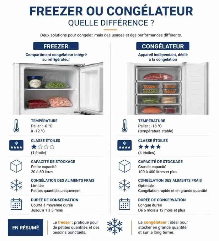 Infographie sur la différence freezer congélateur, températures, étoiles et usages