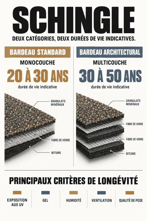 Infographie sur le schingle standard et architectural, leur composition et leur durée de vie