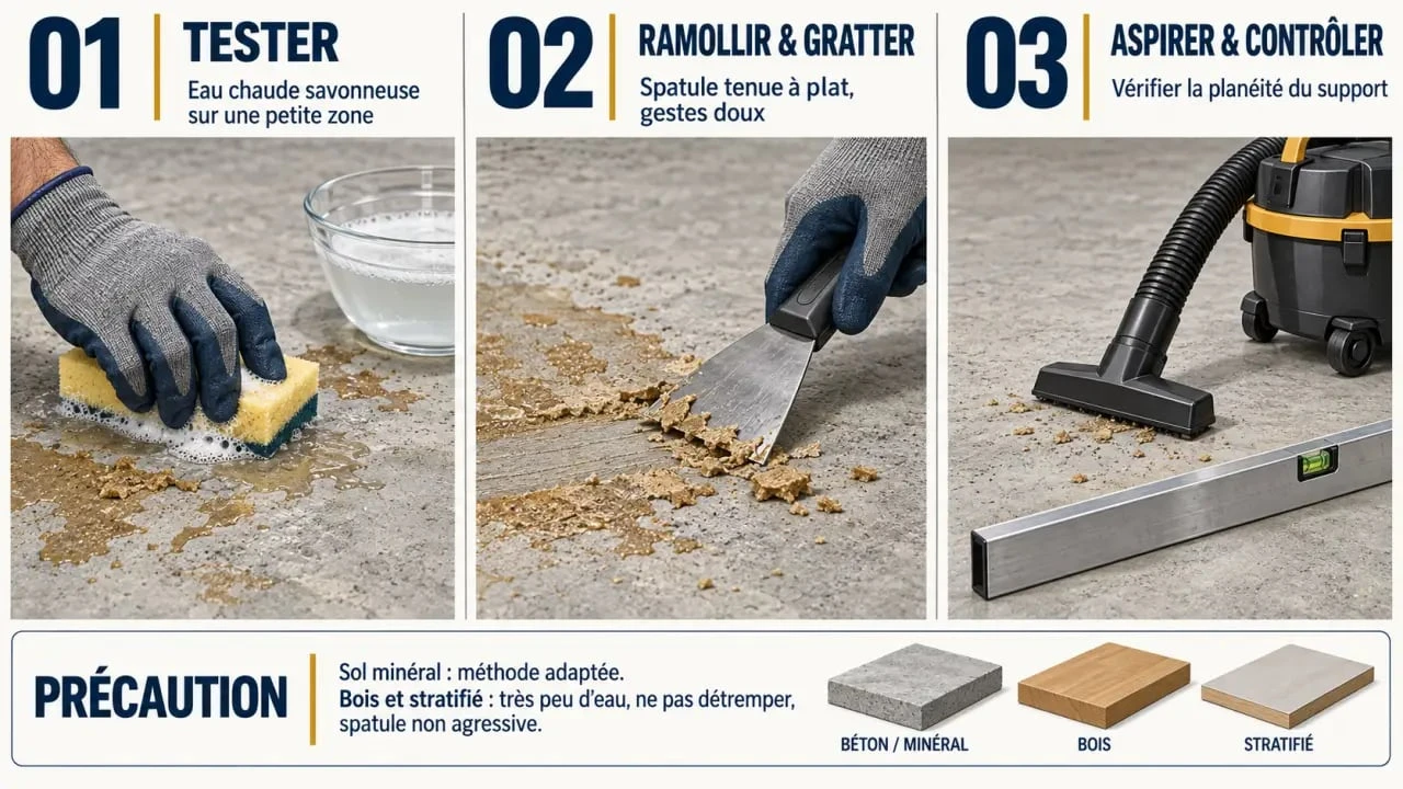 Enlever la colle de moquette : test, grattage et préparation du sol