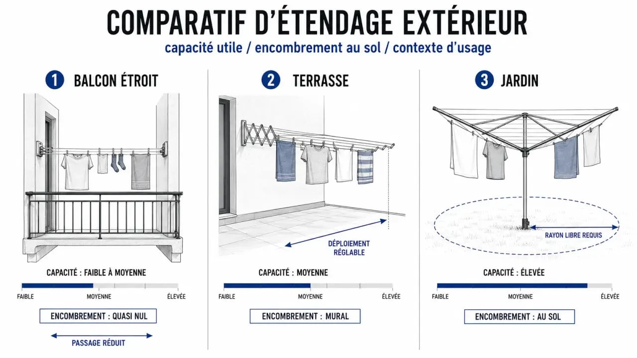 Comparatif d’étendage extérieur selon balcon, terrasse et jardin