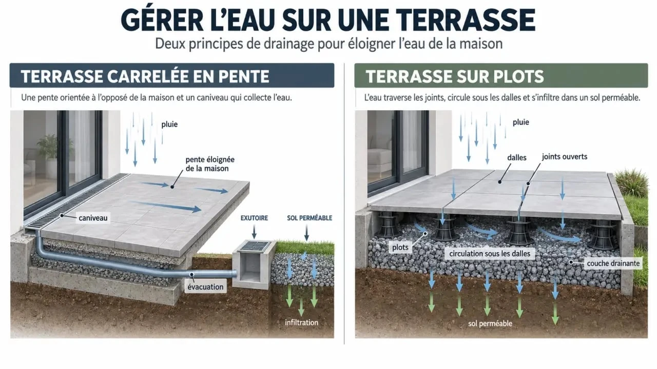 Schéma d’évacuation eau de pluie terrasse avec pente, caniveau et infiltration