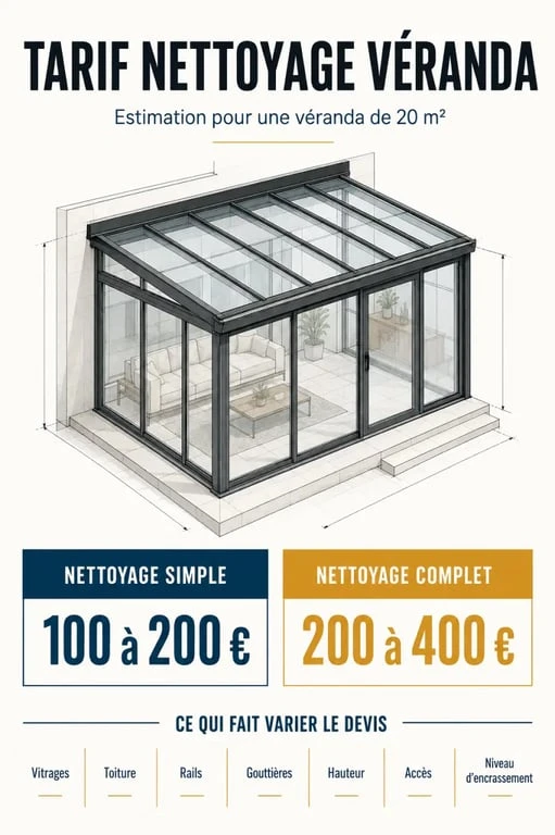 Infographie sur le tarif nettoyage véranda selon la prestation et les facteurs du devis
