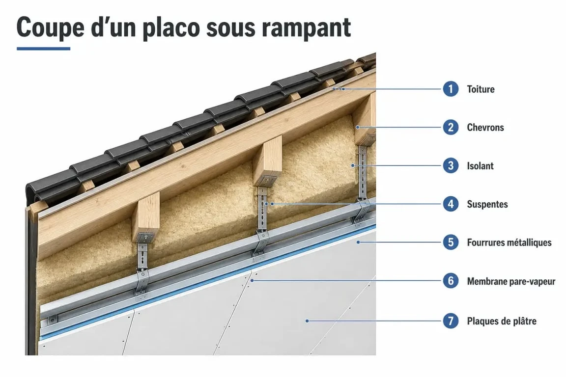 Placo sous rampant en coupe simplifiée montrant l’ossature, l’isolant et le pare-vapeur