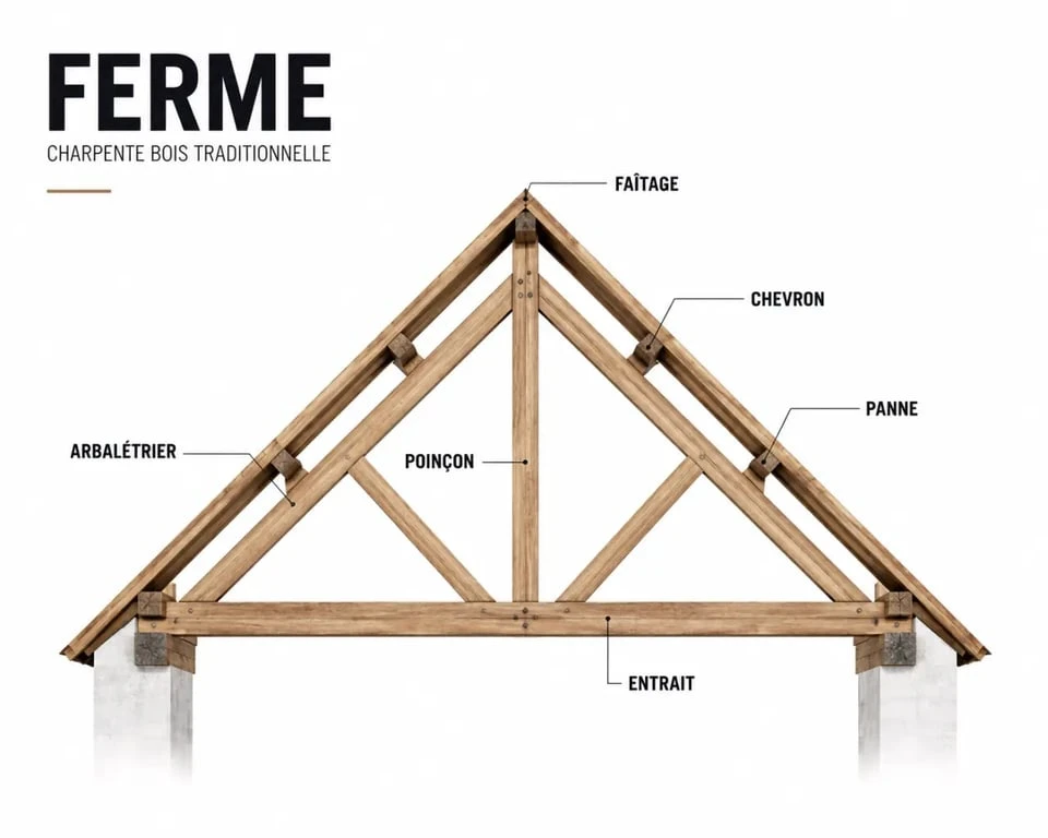 Lexique charpente bois pdf illustré par un schéma simple d’une ferme de toiture en bois avec les principaux termes techniques
