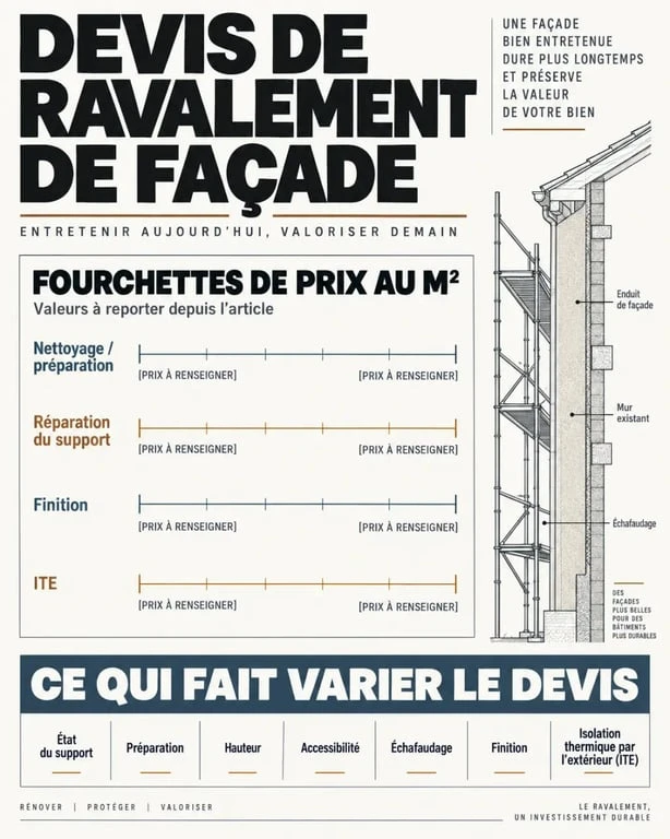 Infographie des prix d’un devis de ravalement de façade et des facteurs qui influencent le coût au m²