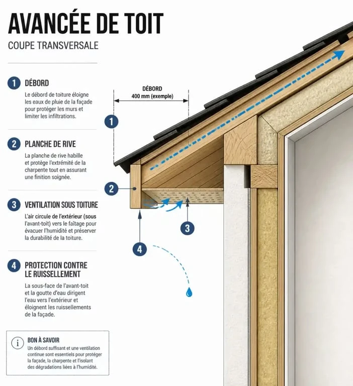 Schéma technique d'une avancée de toit montrant le débord et la protection de façade