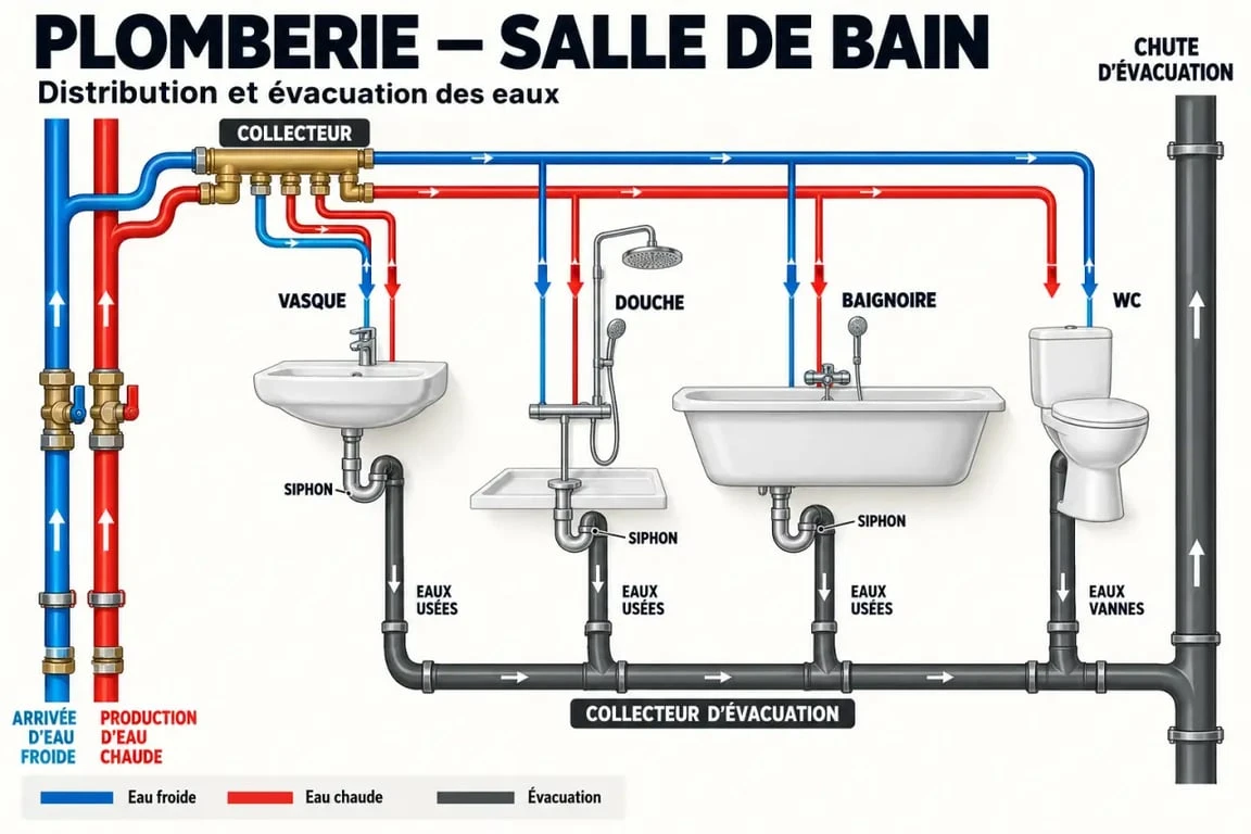 Schéma de plomberie pour salle de bain avec alimentation en eau et évacuations