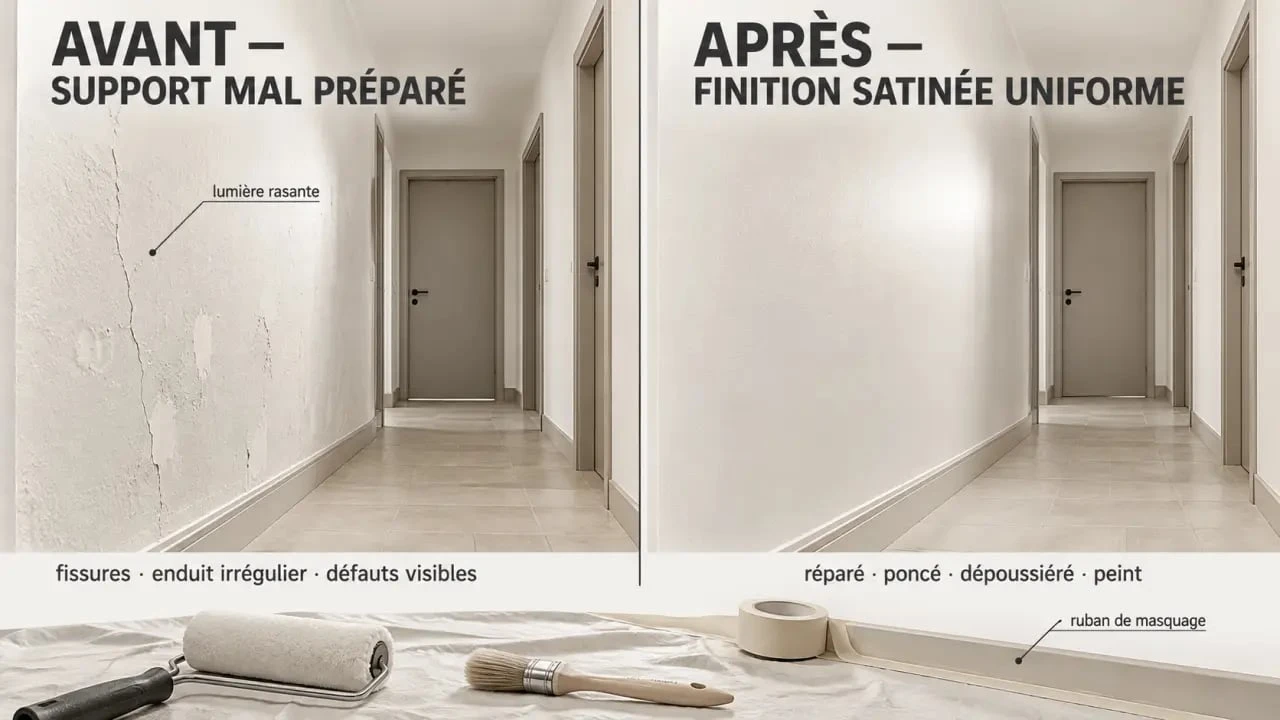 Avant après d’une peinture satinee murale selon la préparation du support