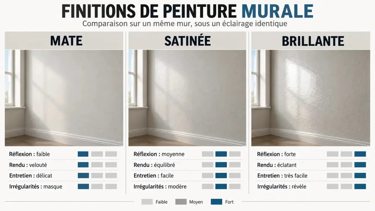 Infographie sur la peinture satinee murale comparée aux finitions mate et brillante
